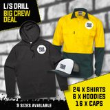 DRILL LONG SLEEVE BIG CREW DEAL - 24 Drill L/S Shirts, 6 Hoodies, 16 Caps