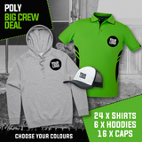 POLY BIG CREW DEAL - 24 Polo Shirts, 6 Hoodies, 16 Caps
